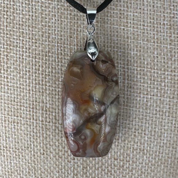 Crazy Lace Agate Laughter Stone Pendant Necklace on Black Satin Rope - Picture 5 of 14